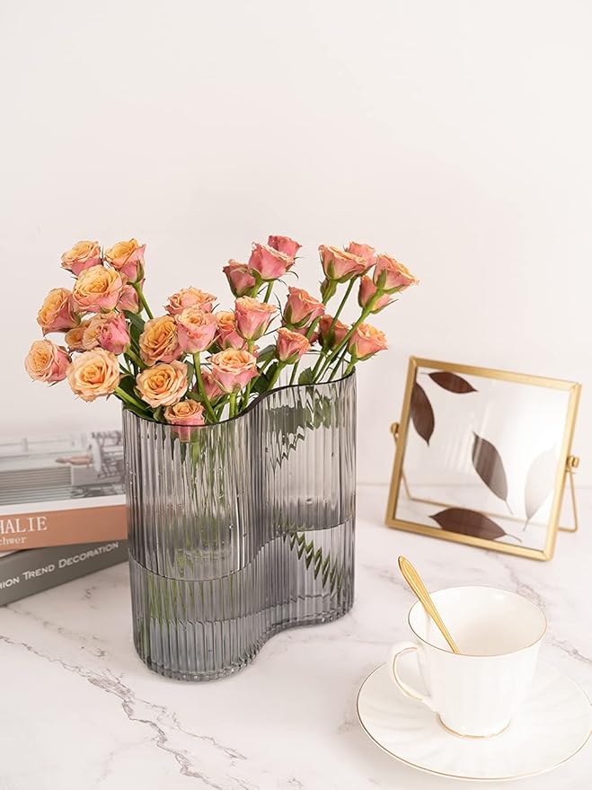 Glass Vase for Centerpieces,Modern Large Vase for Flowers,Footprint Shape Striped Bottle for Home,Office Restaurant Desk Decor 8.3 Inch(Gray)
