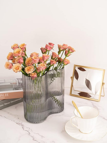 Glass Vase for Centerpieces,Modern Large Vase for Flowers,Footprint Shape Striped Bottle for Home,Office Restaurant Desk Decor 8.3 Inch(Gray)