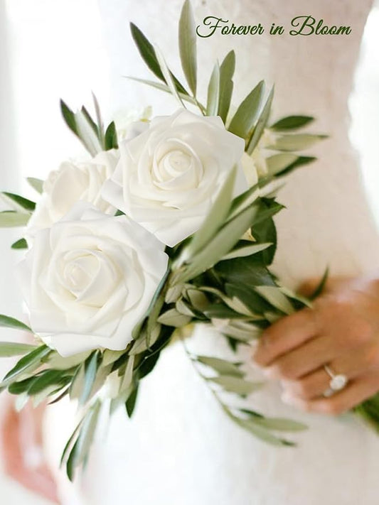 MACTING White Artificial Flower Roses 30PCS Fake Flowers with Stem Real Touch Foam Roses for DIY Wedding Bouquet Arrangements Table Centerpieces Party Bridal Shower Home Spring Valentines Day Decor