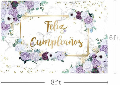 MEHOFOND 8x6ft Feliz cumpleaños Backdrop Purple and White Flower Birthday Photography Background Girls Geometric Gold Glitter Dots Birthday Floral Party Decorations Cake Smash Decor Studio Photo Props