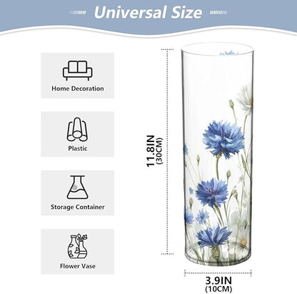 Flower Vase Clear Plastic Cylinder Vases Decor for Centerpieces Home Storage Office Weddings Blue Cornflower White Daisy Flowers 11.8 x 3.9 in