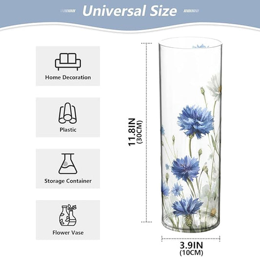 Flower Vase Clear Plastic Cylinder Vases Decor for Centerpieces Home Storage Office Weddings Blue Cornflower White Daisy Flowers 11.8 x 3.9 in