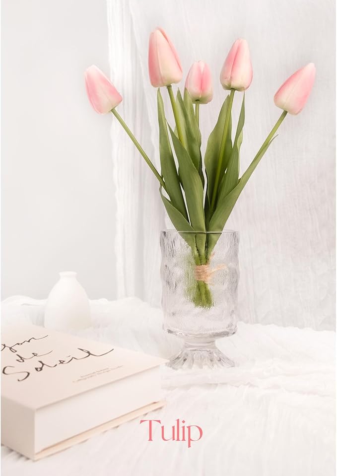18in Artificial Tulip Flowers, 5 Pcs Real Touch Latex Faux Flowers Tulip with Fake Stems for Spring Bouquet Easter Wedding Floral Arrangement Home Party Office Kitchen Decor - Light Pink