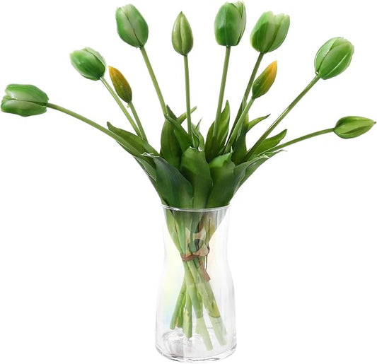 Fake Tulips Artificial Flowers Real Touch Latex Faux Tulips Fake Flowers Bouquet for Table Home Decor Party Wedding Garden Decoration (10pc Green)