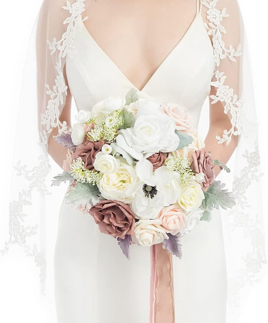 Ling's moment Dusty Rose Bridal Bouquet for Bride, Blush Pink Wedding Bouquets for Bride, 13 Inch Silk Round Artificial Wedding Flowers Bouquets