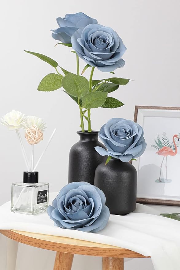 12pcs Roses Artificial Flowers Dusty Blue Silk Roses with Long Stems Fake Flowers for Wedding Bouquet Centerpices Decorations Party Bridal Baby Shower Home Decor