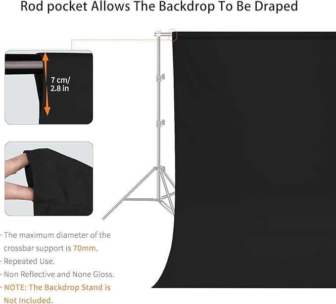 7X10 FT Black Backdrop, 100% Polyester Photography Background Curtain Screen, Foldable Washable Black Screen for Professional Photoshoot Portraits Party Video Studio