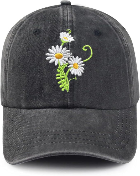 Cute Flower Hat, Elegant Floral Embroidered Adjustable Baseball Cap for Men Women, Gifts for Flower Lovers, Black
