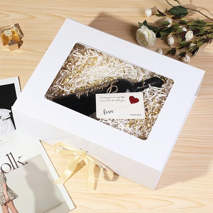 White Extra Large Gift Box for Presents with Ribbon 16.5x13x5.3 Inches Clear Gift Box with Window Magnetic Closure Gift Boxes with Lids
