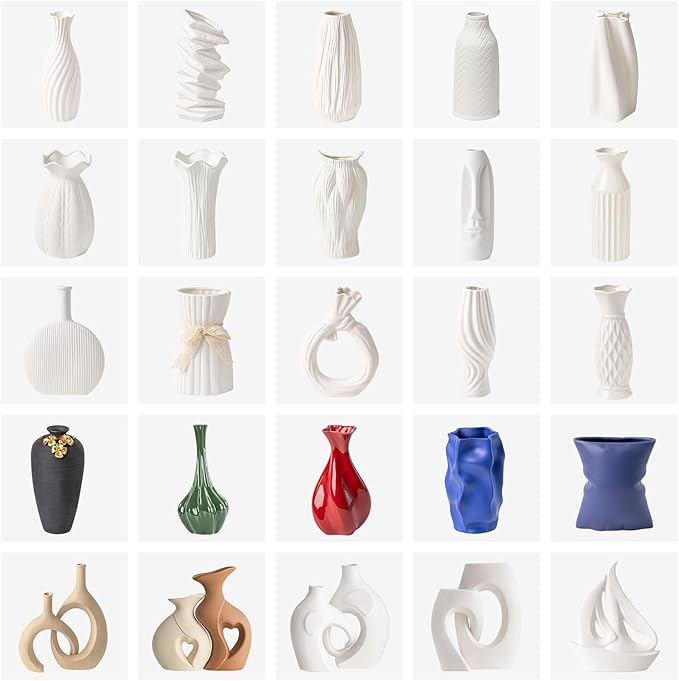 White Ceramic Vase - 8.3" Unique Flower Vase with Vertical Ribbed Texture, Decorative Boho/Farmhouse Vase for Living Room, Office Desk & Housewarming Gift (for Her/Yourself)