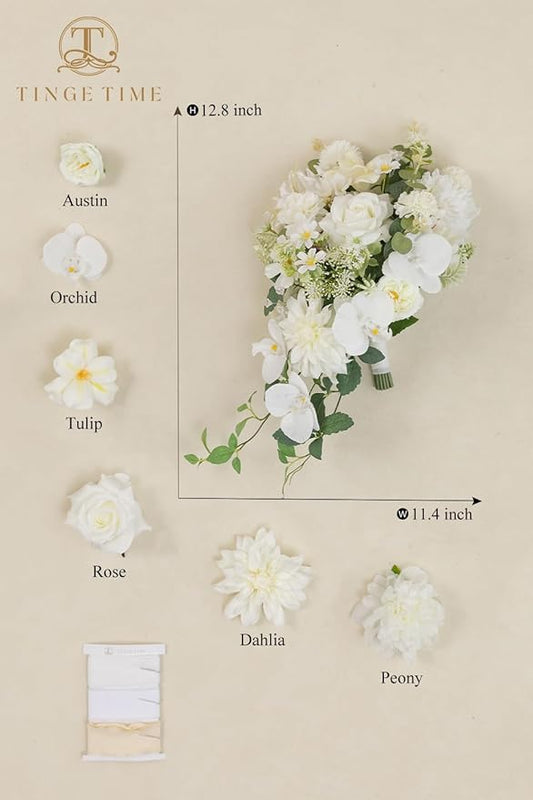 TINGE TIME 11 Inch Wedding Bouquets for Bride, IvoryWhite Artificial Flowers Bouquet, Brides & Bridesmaids Bouquet for Wedding Anniversary Ceremony Bridal Shower Decorations