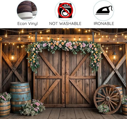 7x5ft Country Wedding Photography Backdrop Rustic Barn Door Photography Backdrop Farmhouse Pink Flower Cabin Wooden Birthday Baby Shower Wedding Bridal Party Banner Photo Booth Props Background