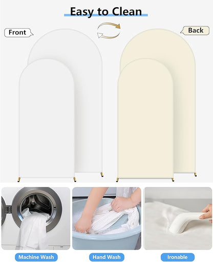 Hemmotop White and Beige Wedding Arch Backdrop Cover, Set of 2 (7.2ft, 6ft), 2 Sided Stretchy Spandex Fitted Balloon Arch Stand Backdrop for Birthday Party, Baby Shower, Double Color