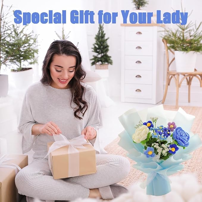 Handmade Crochet Rose Flower Bouquet: Artificial Knitted Rose Gift for Wife Mother Girlfriend for Festival Wedding Graduation Anniversary (Blue)