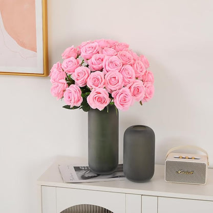 50PCS Artificial Silk Roses in Bulk & Bouquet Long Stem – Realistic Fake Roses for Wedding Centerpieces, Home Decor, Floral Arrangements, Party Decoration (Pink)