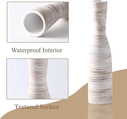 ALMA 16" Tall Floor Vase for Pampas Grass,White Brown Ceramic Centerpiece for Dresser, Skinny Pampas Grass Vessel for Floor, Entryway Table, Fireplace Decor
