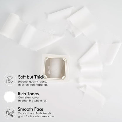 MEEDEE White Chiffon Ribbon 3 Inch White Fringe Ribbons Chiffon Silk Frayed Edge Ribbon Wide Chiffon Ribbons for Crafts, Flower Bouquet, Wedding Favors Wrapping (2 Rolls 10 Yards)