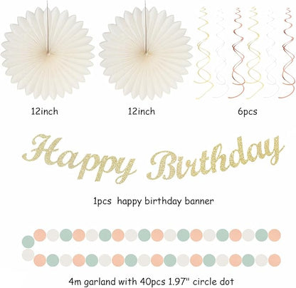 Sage-Green Pink First Happy Birthday Party-Decorations - 22pcs 18th Women Girls Paper Lanterns Streamers Banner Pom Poms,Spring Boho Aesthetic Bohemian Pastel Neutral Decor Backdrop Supplies Hugmoon