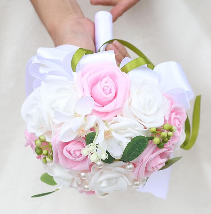 Lightweight Bridal Wedding Bouquet Round Holding Bouquet Throw Toss Artificial Rose Flower Bunch for Bride Bridesmaid Wedding Quinceanera (White & Pink, 6.7")