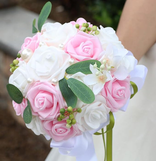 Lightweight Bridal Wedding Bouquet Round Holding Bouquet Throw Toss Artificial Rose Flower Bunch for Bride Bridesmaid Wedding Quinceanera (White & Pink, 7.9")