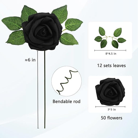 JOYLEX Artificial Flowers Realistic Roses, 50pcs Real Looking Fake Roses with Stem for DIY Wedding Bouquets Centerpieces Bridal Shower Party Home Romantic Decorations (Black)
