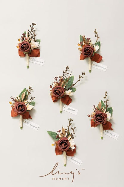 Ling's moment Wedding Artificial Flowers Package, Bridal Bouquet, Bridesmaid Bouquets, Boutonniere for Men, Rose Petals.Terracotta Orange