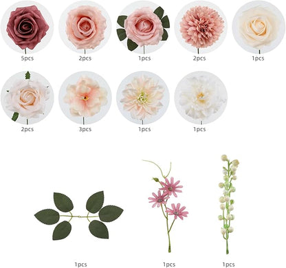 Floweroyal Artificial Flowers Combo Pink Flowers Mix Silk Flowers Dahlia Roses with Stems for DIY Wedding Bridal Bouquets, Baby Shower, Floral Arrangement, Table Centerpieces, Home Decorations