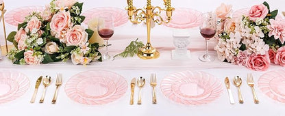 YOUBET 125Pieces Clear Pink Plastic Plates with Gold Rim - Gold Plastic Silverware Include 25 Dinner Plates 25 Dessert Plates 75 Golden Silverwares for Wedding Birthday & Parties