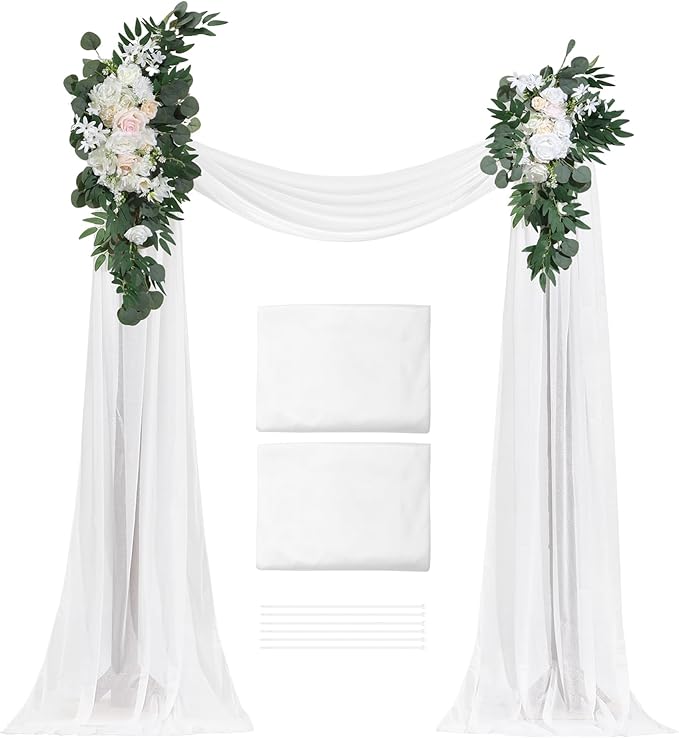 VEVOR Artificial Wedding Arch Flowers Kit, White Wedding Arch Flowers with Drapes Kit (Pack of 4) - 2 Pcs Floral Arrangement, 2 Pcs Sheer Drapes, for Ceremony Bouquets Reception Backdrop Decoration