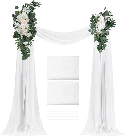 VEVOR Artificial Wedding Arch Flowers Kit, White Wedding Arch Flowers with Drapes Kit (Pack of 4) - 2 Pcs Floral Arrangement, 2 Pcs Sheer Drapes, for Ceremony Bouquets Reception Backdrop Decoration
