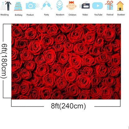 Red Rose Backdrop Flowers Rose Wall Photo Background Valentine's Day Backdrop Wedding Bridal Shower Photo Booth Mother's Day Birthday Party Dessert Table Banner Lovers Portraits Props 8x6ft