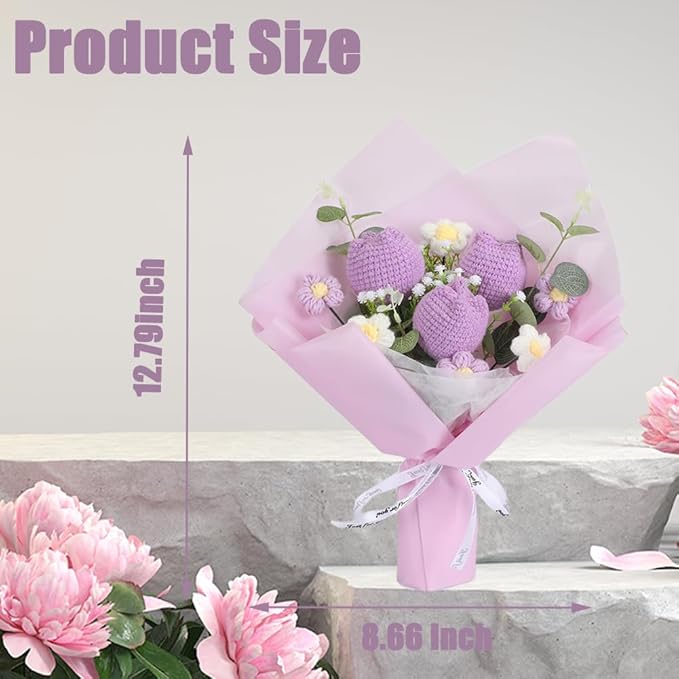 Chordobe Crochet Flower Tulip Bouquet: Handmade Artificial Flower Knitted Sunflower Bouquet for Festival Wedding Graduation Anniversary (Purple)