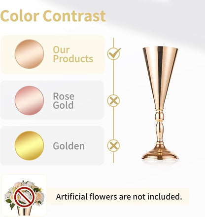 NUPTIO Tabletop Metal Wedding Flower Trumpet Vase Table Decorative Centerpiece Artificial Flower Arrangements for Anniversary Ceremony Party Birthday Event Aisle Home Decoration (10 x M, Gold)