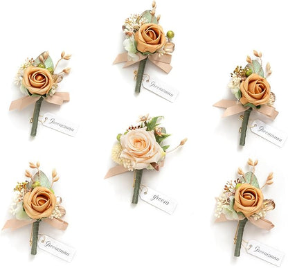 Ling's moment Boutonniere for Men, 6pcs Groom Groomsmen Boutonniere, Artificial Flowers for Wedding Decor/Prom/Homecoming, etc.Yellow Apricot Peach