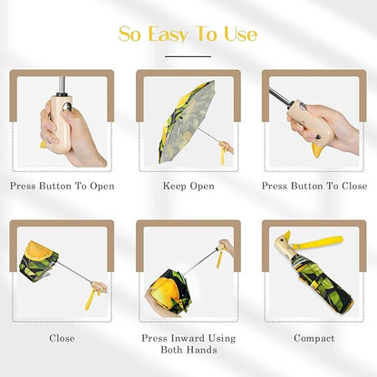 Cute Duck Umbrella Automatic - Compact Pretty Pocket Size Strong Duck Collapsible Umbrella Yellow Wooden Handle for Women