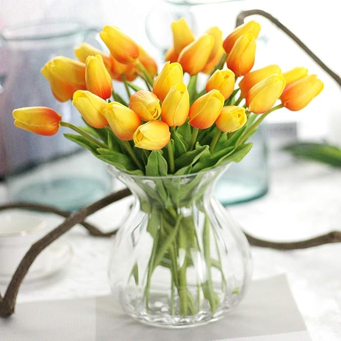 30pcs Artificial Tulips Flowers Real Touch Orange Tulips Fake Holland PU Tulip Bouquet Latex Flowers for Wedding Party Office Home Kitchen Decoration (Orange)