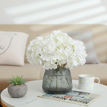 Fake White Hydrangea Artificial Flowers - Faux Silk Hydrangeas Flowers Heads with Stems Real Touch for Home Wedding Party Table Decor(White,Pack of 10)