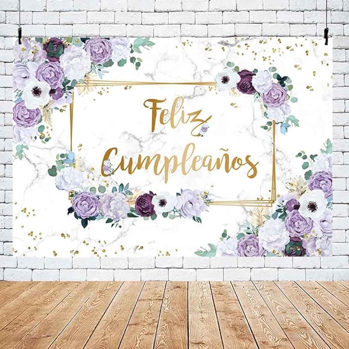 MEHOFOND 7x5ft Feliz cumpleaños Backdrop Purple and White Flower Birthday Photography Background Girls Geometric Gold Glitter Dots Birthday Floral Party Decorations Cake Smash Decor Studio Photo Props
