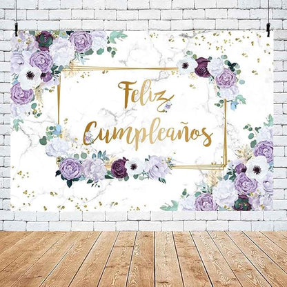 MEHOFOND 10x7ft Feliz cumpleaños Backdrop Purple and White Flower Birthday Photography Background Girl Geometric Gold Glitter Dots Birthday Floral Party Decorations Cake Smash Decor Studio Photo Props