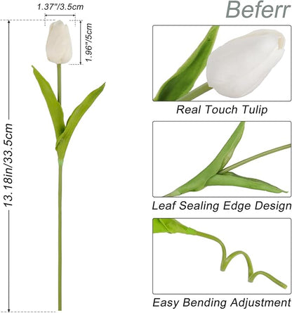 Beferr White Tulips Artificial Flowers 18Pcs Faux Silk Tulip Real Touch Tulip Fake Flowers Bouquets Arrangements for Mother's Day Easter Spring Flowers Gifts Home Table Decor