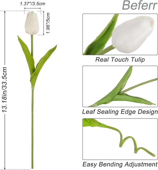 Beferr White Tulips Artificial Flowers 18Pcs Faux Silk Tulip Real Touch Tulip Fake Flowers Bouquets Arrangements for Mother's Day Easter Spring Flowers Gifts Home Table Decor