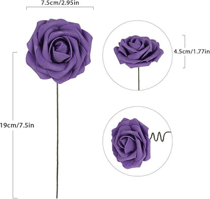 Purple Roses 50PCS Artificial Foam Flowers with Stems Fake Roses Real Looking Purple Flowers for Bridal Shower Centerpieces Wedding Bouquet Table Decorations for Party (Purple)