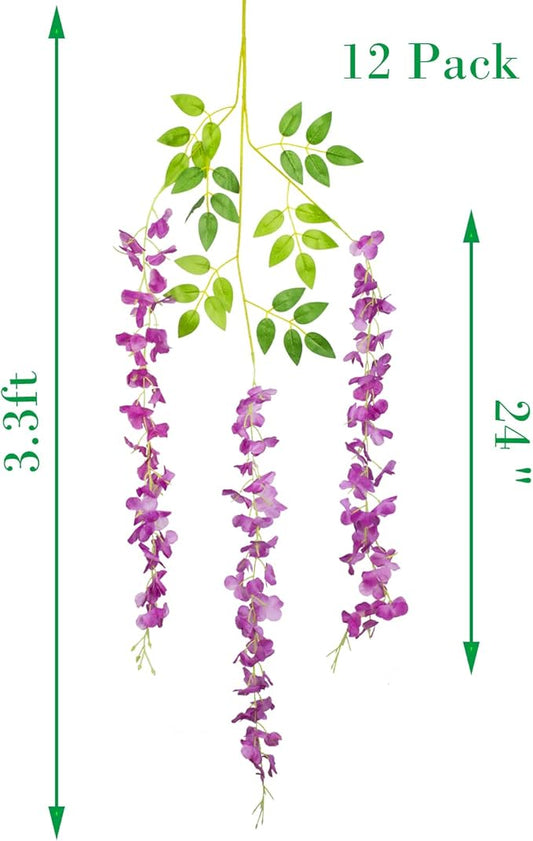 12 Pack Artificial Flowers Silk Wisteria Vine Ratta Hanging Flower (Purple)