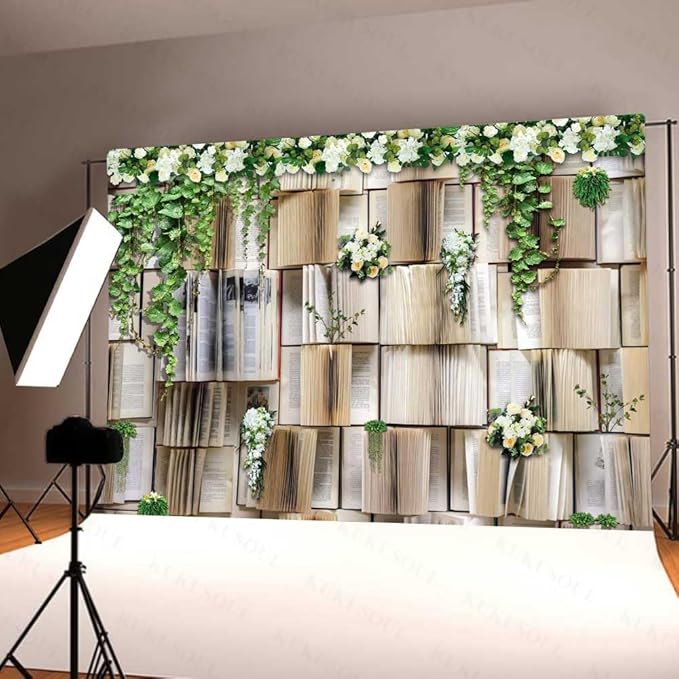 8x6ft Vintage Bookshelf Backdrop Flower Garlend Book Pages Wedding Party Photo Backdrop Baby Shower Graduation Party Photo Studio Background KUBDJ727