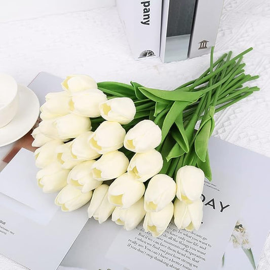 IPOPU Real Touch Tulips 24PCS Artificial Tulips Flowers for Decoration Cream Fake Tulips Floral Arrangements Artificial Faux Tulips Decor for Table Home Decor Baby Shower Centerpieces (Off White)