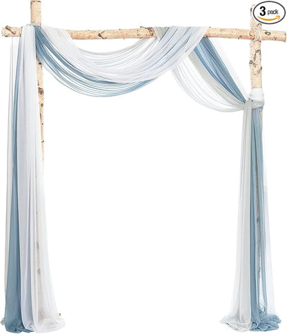 Ling's moment Wedding Arch Draping Fabric 3 Panels 20Ft Blue Chiffon Fabric,Sheer Hanging Drapes Arrangement for Wedding Ceremony Backdrop Party Swag Home Decor (Dusty Blue & Cool Grey & White)