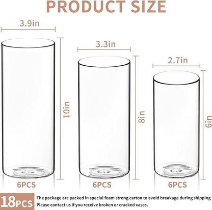 18 Pack Glass Cylinder Vases Set, 6,8,10 Inch Clear Cylinder Vases Candle Holder for Centerpirces Decoration, Tall Clear Flower Hurricane Candle Holder for Wedding Party Home Decor