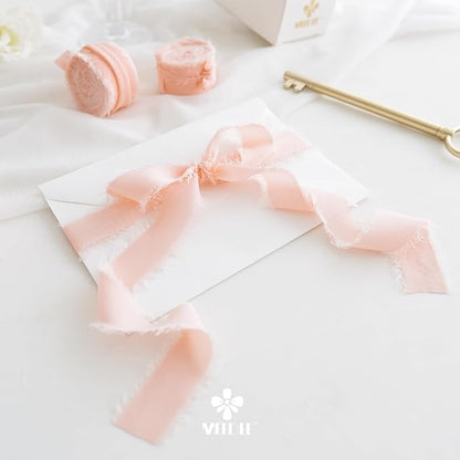 MEEDEE Blush Chiffon Ribbon 1 Inch Fringe Ribbon Pink Chiffon Silk Frayed Edge Ribbons Thin Chiffon Ribbons for Crafts, Gift Wrapping, Wedding Invitation (3 Rolls 21 Yards)