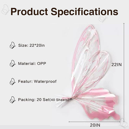 LLBWKC 20 Sets Butterfly Flower Wrapping Paper, Waterproof Butterfly Flower Bouquet Wrapping Paper, OPP Clear Floral Wraps for Florist Supplies, Gift Packaging, DIY Craft 20x22 in (Pink)