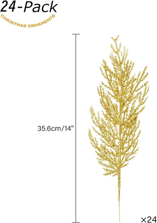 Christmas Glitter Stems 24pcs Artificial Pine Tree Picks for Christmas Tree Ornaments fillers, DIY Xmas Wreath, Crafts, Garland, Holiday, Party, Wedding and Home Decoration(Gold)